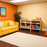 **

A cozy and inviting child counseling room with warm colors, soft lighting, and comfortable furniture. Toys, drawings, and plants are scattered around, creating a welcoming and safe atmosphere. A child and a counselor are engaged in a play therapy session, both smiling.

**