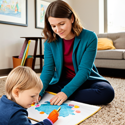 Home 21 A professional female child counselor with a warm, empathetic expression, sitting comfortably on a rug at eye level with a young child. The counselor is gently engaging the child with art supplies (e.g., crayons and paper) on a low table. The child is focused, drawing, and appears relaxed in a safe and inviting counseling room, filled with soft natural light and age-appropriate, simple toys in the background. Both subjects are fully clothed in appropriate, modest attire. The image conveys a sense of calm, trust, and support. Perfect anatomy, correct proportions, natural pose, well-formed hands, proper finger count, natural body proportions. Professional photography, high quality, realistic, safe for work, appropriate content, family-friendly.