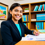 **

"A child counselor in a bright, colorful office, fully clothed in professional attire, reviewing paperwork with a warm smile. Bookshelves and children's artwork decorate the background. Safe for work, appropriate content, modest clothing, perfect anatomy, natural proportions, family-friendly."

**