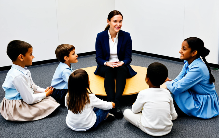 아동상담사 취업 과정 및 절차 - "A professional child psychologist in a brightly colored, child-friendly office, fully clothed in mo...