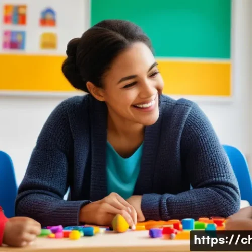 Home 7 아동상담사 직무 분석과 평가 - A heartwarming scene inside a bright, colorful child counseling room. A female child counselor in he...