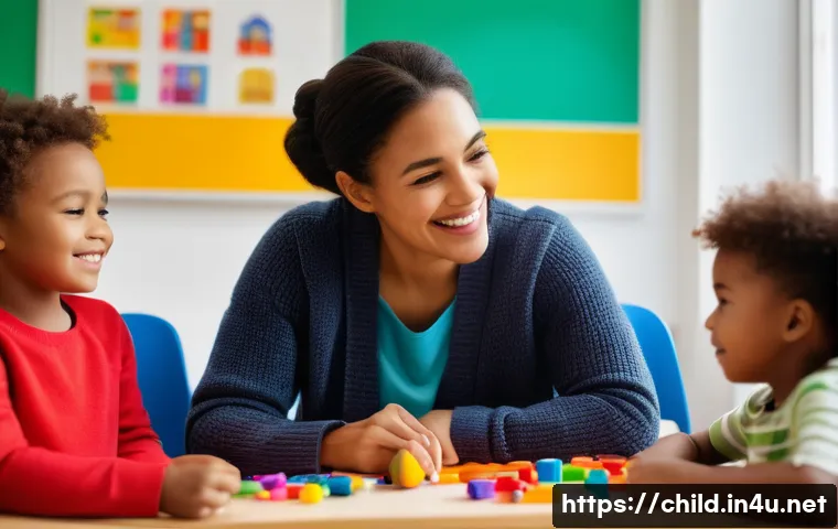 아동상담사 직무 분석과 평가 - A heartwarming scene inside a bright, colorful child counseling room. A female child counselor in he...