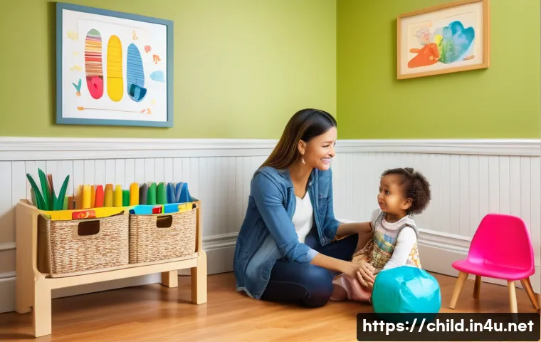 아동상담사 직무 교육 필요성 - A warm and inviting counseling room with a child psychologist engaging attentively with a young chil...