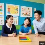 Home 23 아동상담사 근무지 선택 - A warm and professional child counseling center interior with a diverse group of child psychologists...