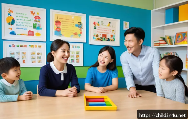 아동상담사 근무지 선택 - A warm and professional child counseling center interior with a diverse group of child psychologists...