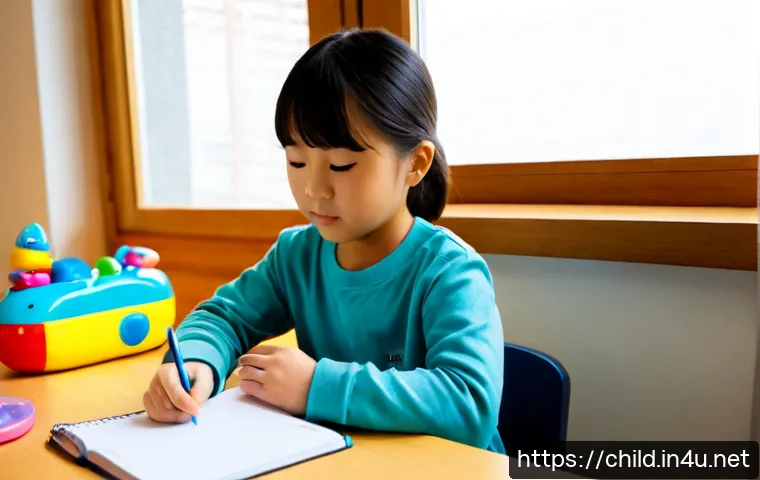 Home 17 아동상담사 업무 일기 - Photorealistic child counselor at a calm, welcoming office desk, thoughtfully writing in an open not...