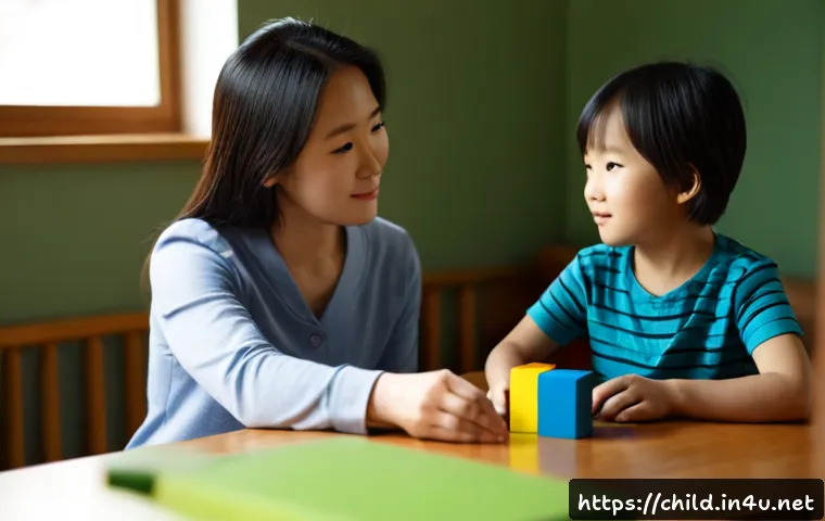 Home 17 아동상담사 직무에 필요한 기술 - Photorealistic child counseling session in a warm, calm therapy room, a compassionate adult counselo...